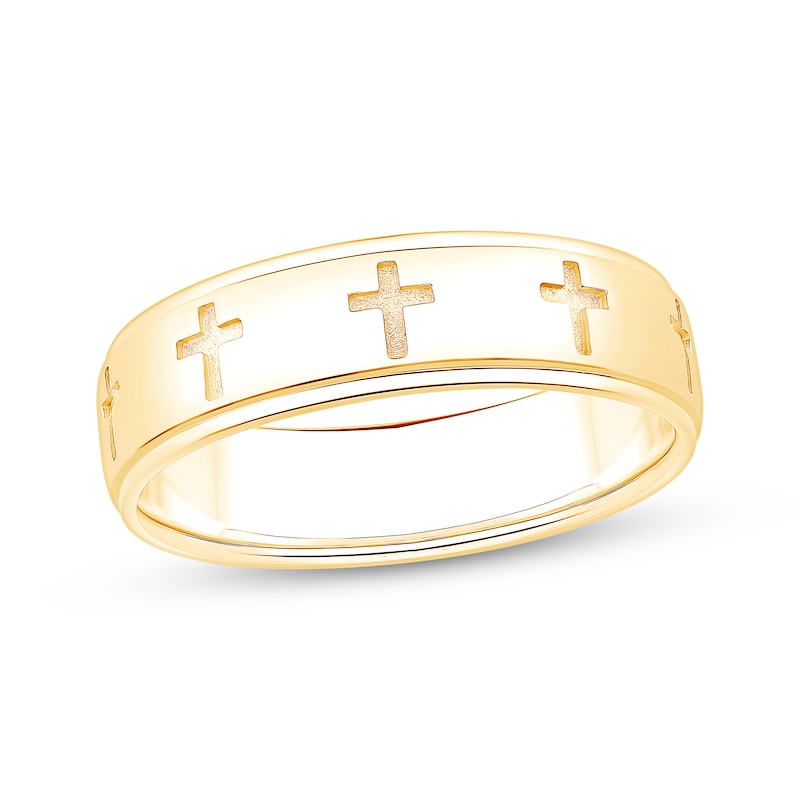 Main Image 1 of Men's Cross Imprint Wedding Band 10K Yellow Gold 5.9mm