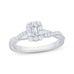 Now + Forever Now + Forever Emerald-Cut Diamond Halo Engagement Ring 1/2 ct tw 14K White Gold