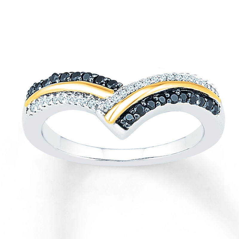 Main Image 1 of Black Diamond Ring 1/4 ct tw Round-cut Sterling Silver & 10K Yellow Gold