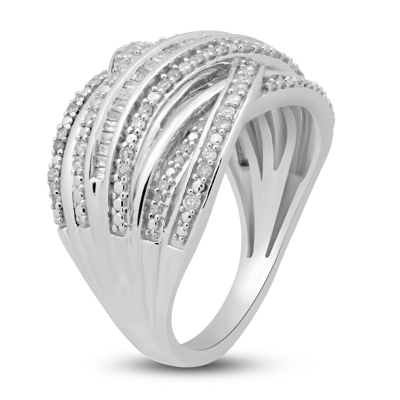 Diamond Bypass Ring 1/2 ct tw Round & Baguette Sterling Silver