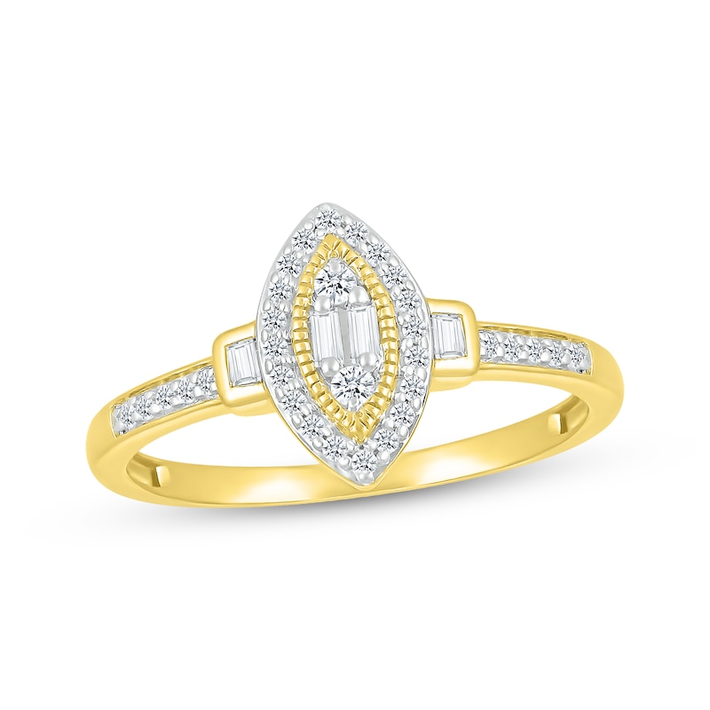 Main Image 1 of Baguette & Round-Cut Multi-Diamond Marquise Promise Ring 1/5 ct tw 10K Yellow Gold