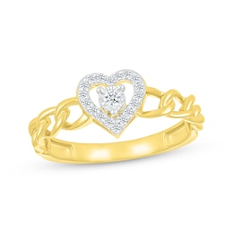 Round-Cut Diamond Heart Halo Chain Link Promise Ring 1/8 ct tw 10K Yellow Gold