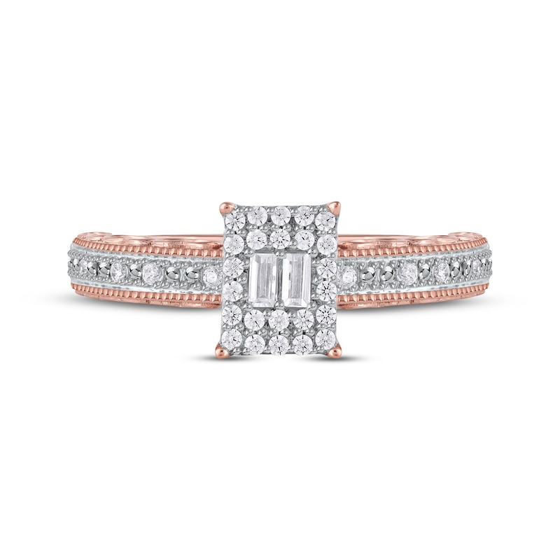 Main Image 3 of Baguette & Round-Cut Multi-Diamond Center Rectangle Frame Promise Ring 1/4 ct tw 10K Rose Gold