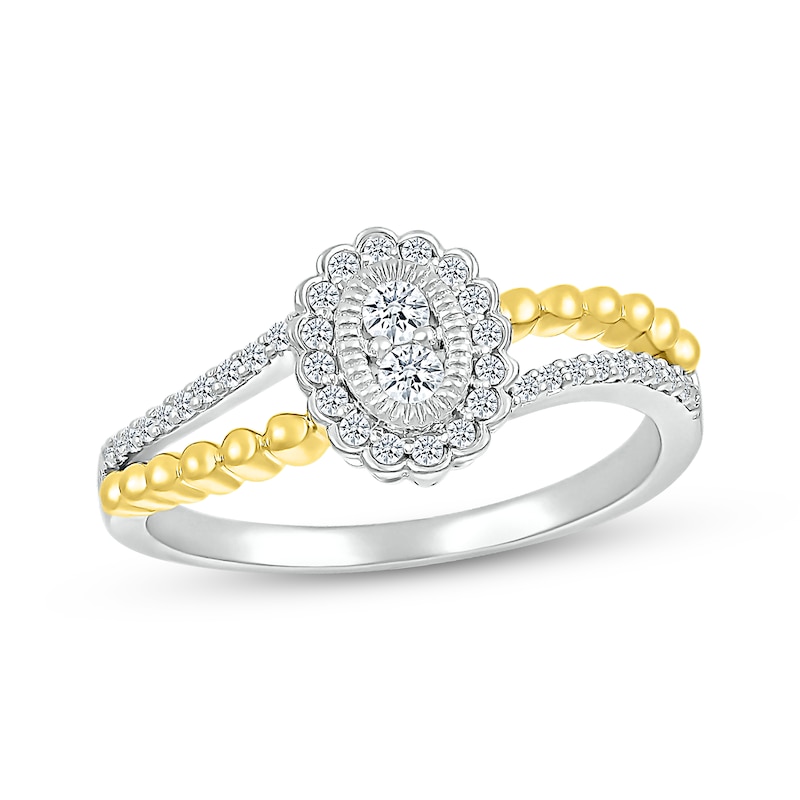 Multi-Diamond Center Oval Scalloped Frame Promise Ring 1/4 ct tw 10K Yellow Gold & Sterling Silver