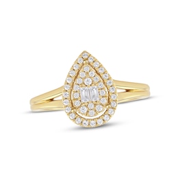 Baguette & Round-Cut Multi-Diamond Teardrop Halo Split Shank Promise Ring 1/4 ct tw 10K Yellow Gold