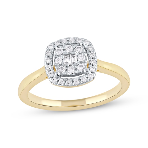 Baguette & Round-Cut Multi-Diamond Center Cushion Frame Promise Ring 1/ ...