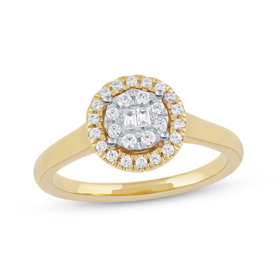 Baguette & Round-Cut Diamond Halo Promise Ring 1/4 ct tw 10K Yellow Gold