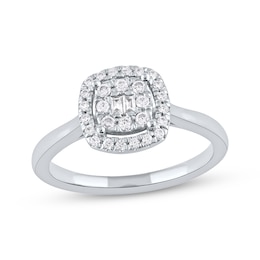 Round & Baguette-Cut Diamond Cushion Halo Promise Ring 1/4 ct tw 10K White Gold