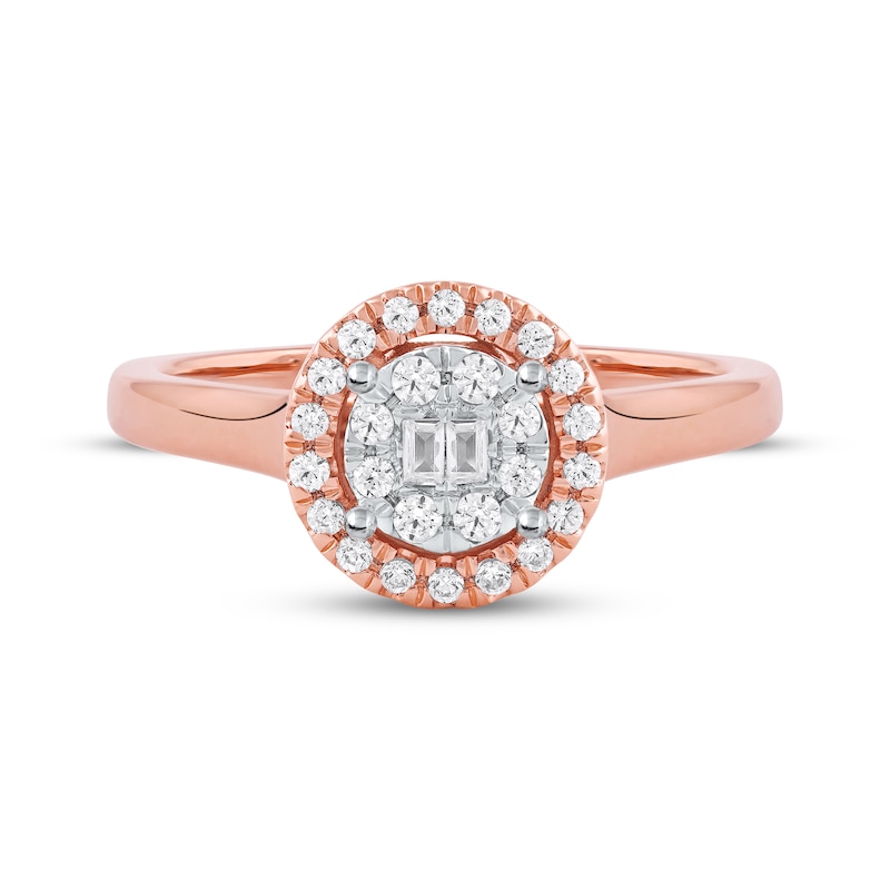 Main Image 3 of Baguette & Round-Cut Diamond Halo Promise Ring 1/4 ct tw 10K Rose Gold