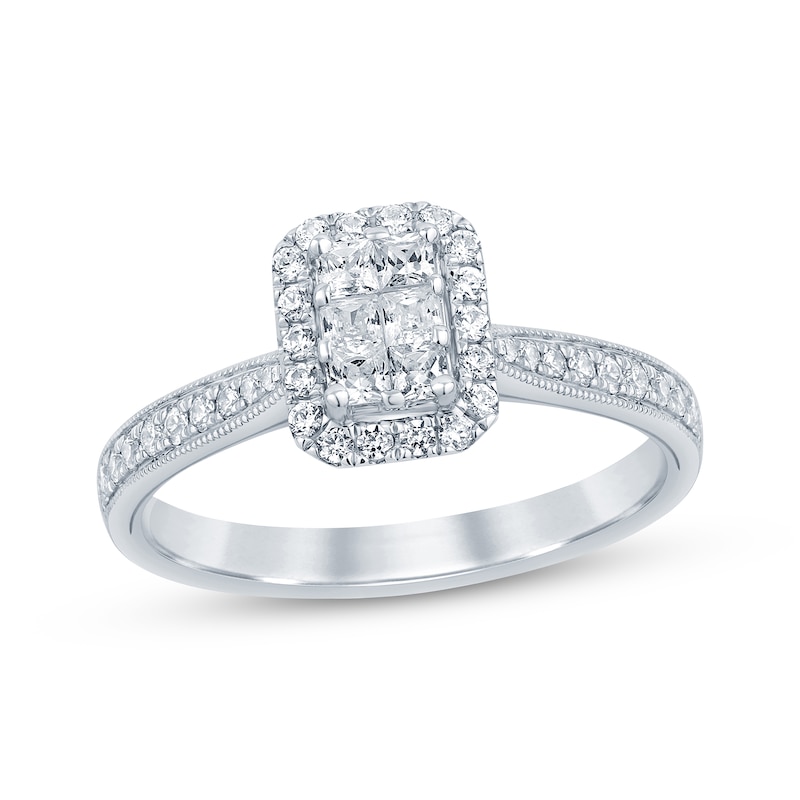 Vintage-Style Princess & Round-Cut Multi-Diamond Center Engagement Ring 1/2 ct tw 14K White Gold