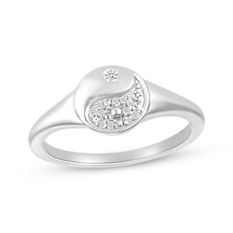 Diamond Textured Yin-Yang Signet Ring 1/20 ct tw Sterling Silver