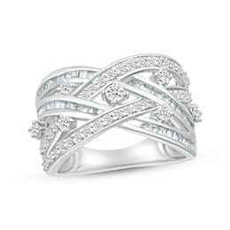 Baguette & Round-Cut Diamond Multi-Row Crossover Ring 3/4 ct tw Sterling Silver