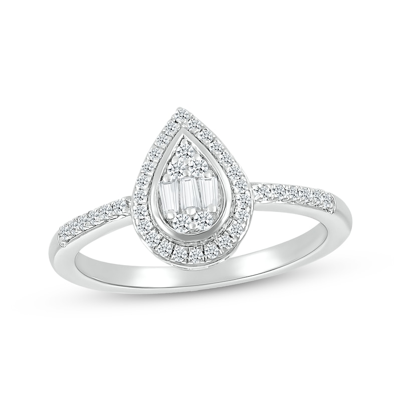 Main Image 1 of Baguette & Round-Cut Multi-Diamond Pear-Shaped Ring 1/4 ct tw Sterling Silver