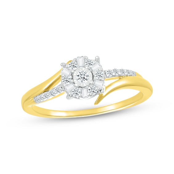 Baguette & Round-Cut Diamond Halo Bypass Promise Ring 1/5 ct tw 10K Yellow Gold