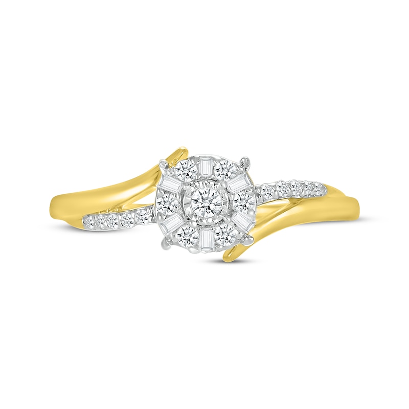 Main Image 3 of Baguette & Round-Cut Diamond Halo Bypass Promise Ring 1/5 ct tw 10K Yellow Gold