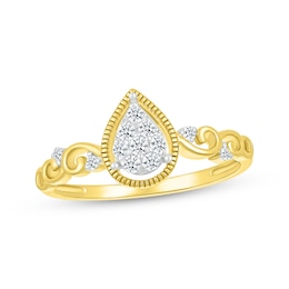 Multi-Diamond Center Pear-Shaped Filigree Promise Ring 1/6 ct tw 10K Yellow Gold