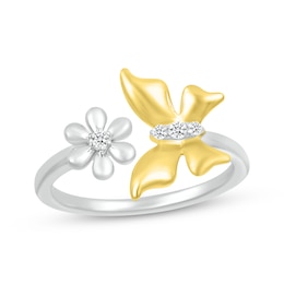 Diamond Butterfly & Flower Open Ring  1/20 ct tw Sterling Silver & 10K Yellow Gold