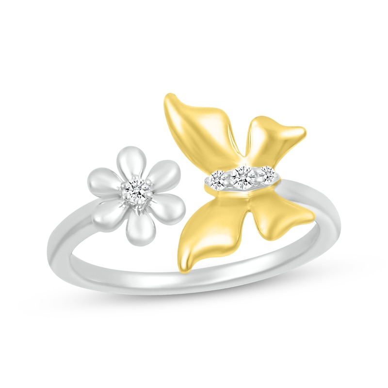 Main Image 1 of Diamond Butterfly & Flower Open Ring  1/20 ct tw Sterling Silver & 10K Yellow Gold