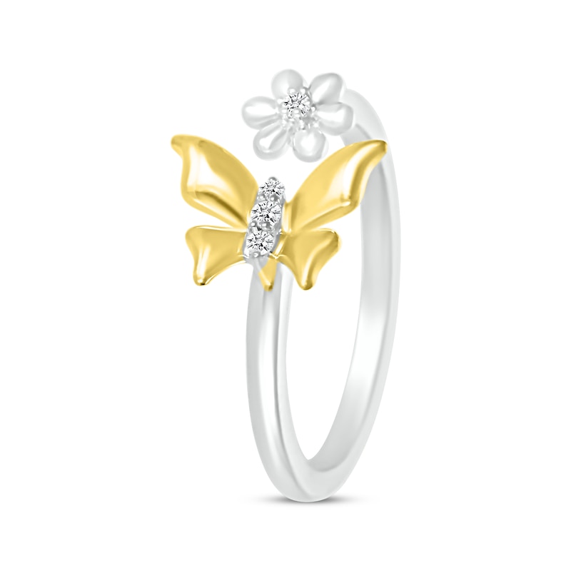 Main Image 2 of Diamond Butterfly & Flower Open Ring  1/20 ct tw Sterling Silver & 10K Yellow Gold