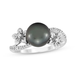 Tahitian Cultured Pearl & Diamond Flower Bypass Ring 1/15 ct tw 10K White Gold