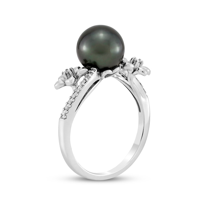 Tahitian Cultured Pearl & Diamond Flower Bypass Ring 1/15 ct tw 10K White Gold