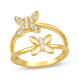 Baguette & Round-Cut Diamond Double Butterfly Split Ring 1/5 ct tw 10K Yellow Gold