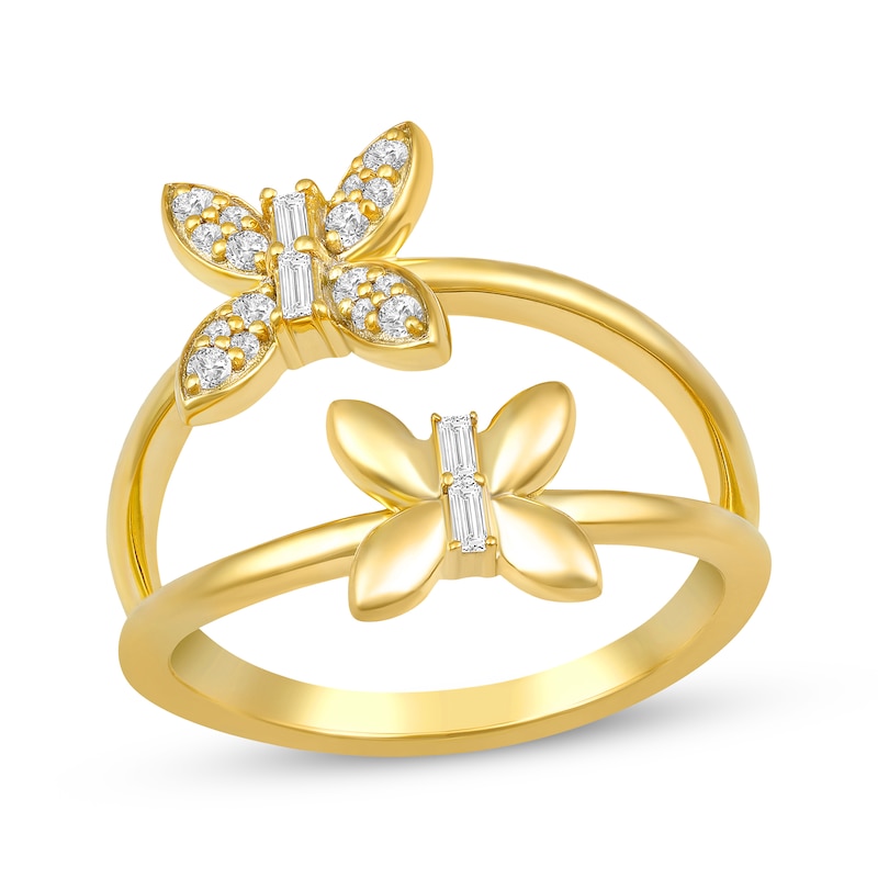 Baguette & Round-Cut Diamond Double Butterfly Split Ring 1/5 ct tw 10K Yellow Gold