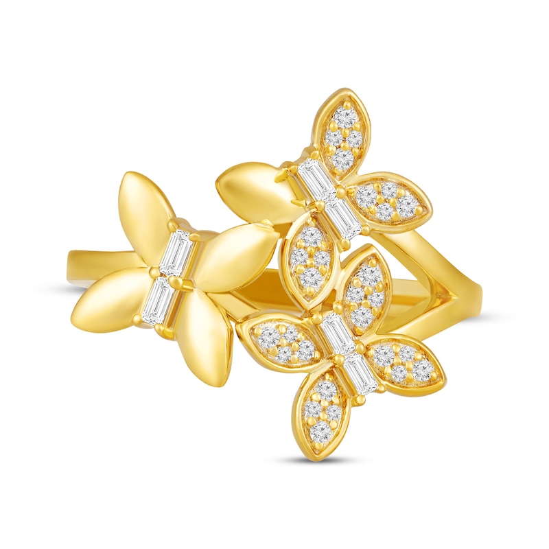 Main Image 4 of Baguette & Round-Cut Diamond Butterfly Trio Ring 1/5 ct tw 10K Yellow Gold