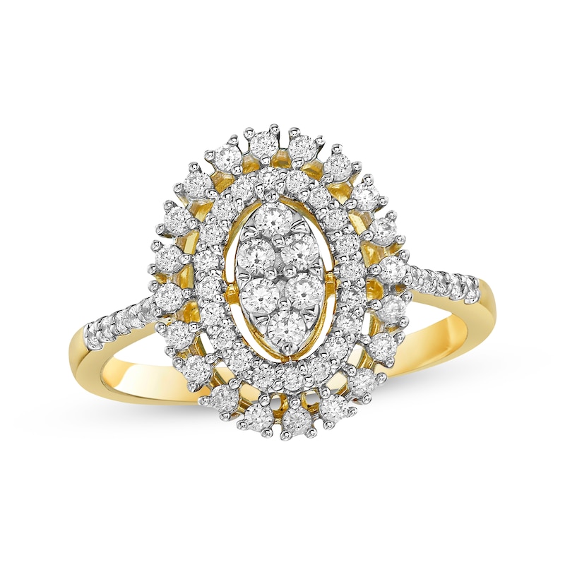 Main Image 1 of Multi-Diamond Center Oval Halo Ring 1/2 ct tw 10K Yellow Gold