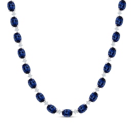 Oval-Cut Blue Lab-Created Sapphire & White Lab-Created Sapphire Tennis Necklace Sterling Silver 17&quot;