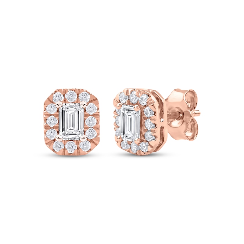 Main Image 1 of Lab-Grown Diamonds by KAY Emerald-Cut Halo Stud Earrings 3/4 ct tw 10K Rose Gold