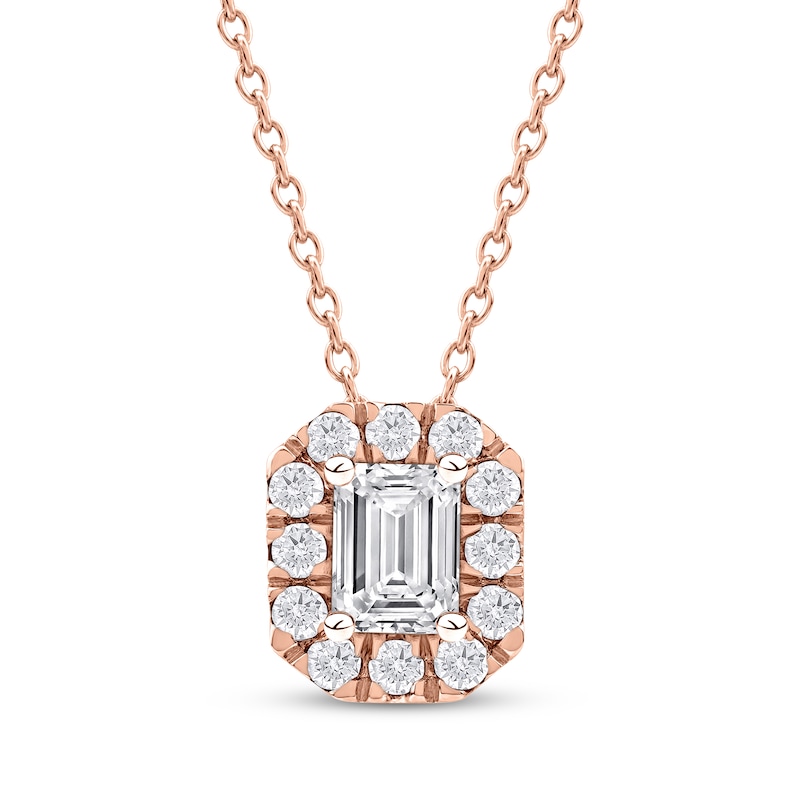 Main Image 1 of KAY Lab-Grown Diamonds Emerald-Cut Halo Necklace 1/2 ct tw 10K Rose Gold 18&quot;