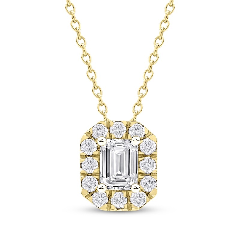 Main Image 1 of Lab-Grown Diamonds by KAY Emerald-Cut Halo Necklace 1/2 ct tw 10K Yellow Gold 18&quot;