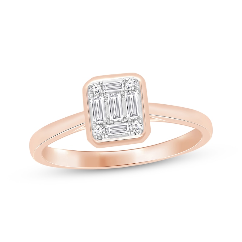 Main Image 1 of Baguette & Round-Cut Multi-Diamond Bezel-Look Promise Ring 1/5 ct tw 10K Rose Gold