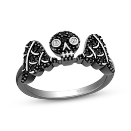 Disney Treasures Hocus Pocus Black & White Diamond Winged Skull Ring 1/5 ct tw Black Rhodium Sterling Silver