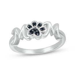 &quot;Mom&quot; Black Diamond Accent Paw Print Ring Sterling Silver