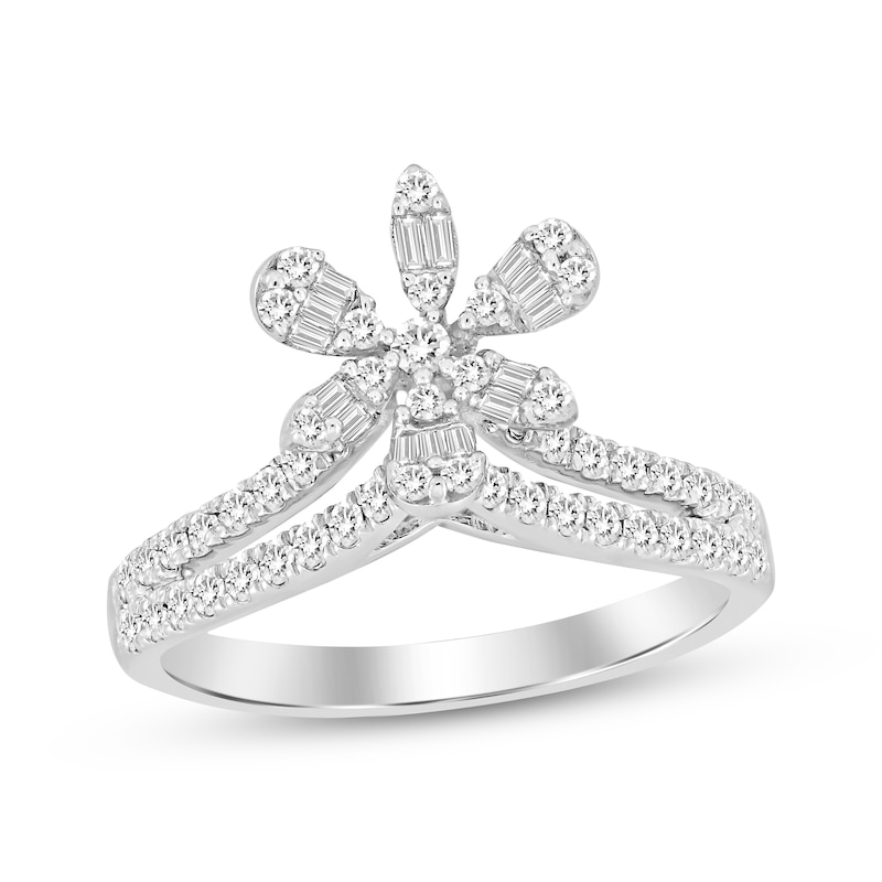 Main Image 1 of Diamond Flower Chevron Ring 1/2 ct tw 10K White Gold