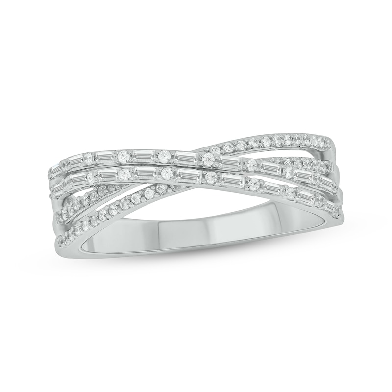 Main Image 1 of Baguette & Round-Cut Diamond Crossover Ring 1/3 ct tw 10K White Gold