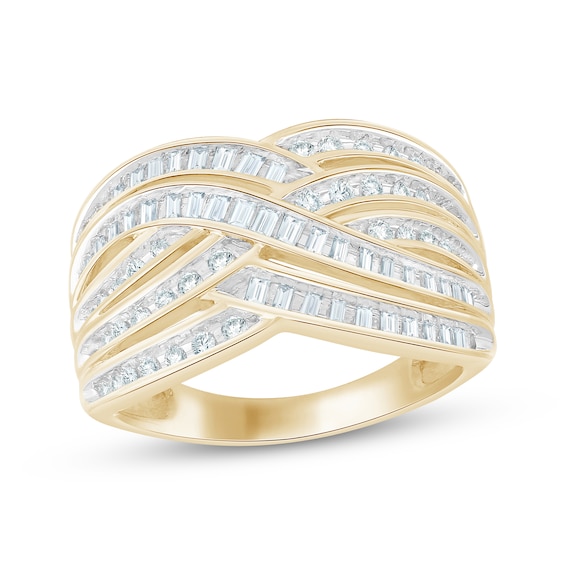 Baguette & Round-Cut Diamond Crossover Ring 1/2 ct tw 10K Yellow Gold