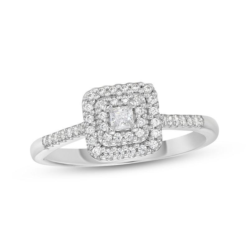 Main Image 1 of Princess-Cut Diamond Double Halo Promise Ring 1/4 ct tw Sterling Silver