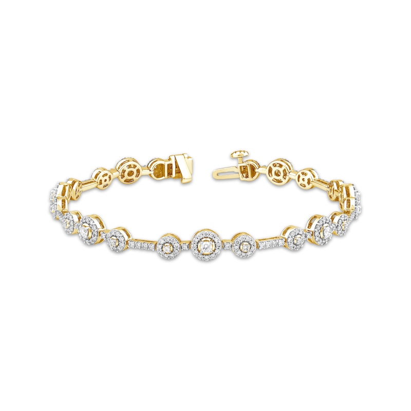 Main Image 1 of Memories Moments Magic Lab-Grown Diamond Three-Stone Halo Bracelet 2 ct tw 14K Yellow Gold 7&quot;