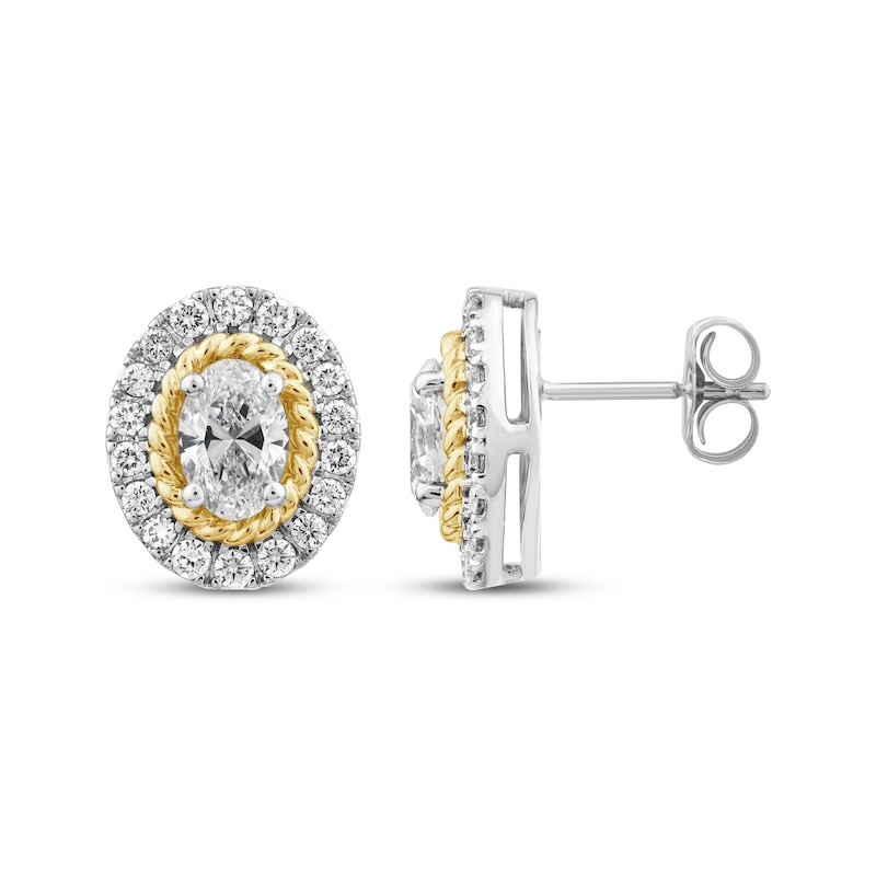 Main Image 3 of Threads of Love Oval-Cut Lab-Grown Diamond Halo Earrings 1-1/2 ct tw 14K Two-Tone Gold