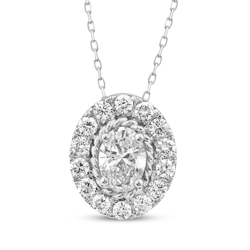 Main Image 1 of Threads of Love Oval-Cut Lab-Grown Diamond Halo Necklace 1-1/2 ct tw 14K White Gold 18&quot;