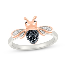 Black & White Diamond Bumble Bee Ring 1/10 ct tw Sterling Silver & 10K Rose Gold