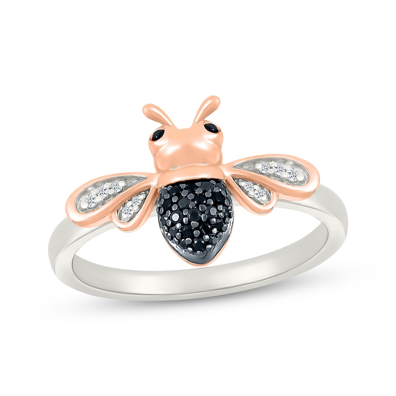 Main Image 1 of Black & White Diamond Bumble Bee Ring 1/10 ct tw Sterling Silver & 10K Rose Gold