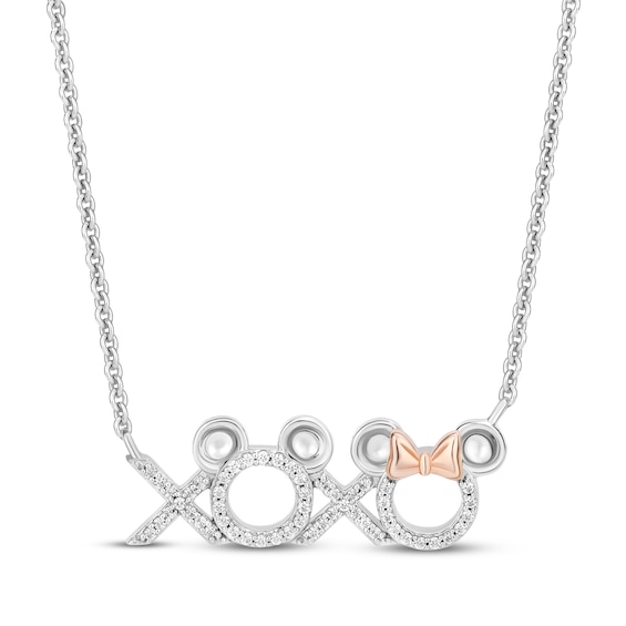 Disney Treasures Mickey & Minnie "XO" Necklace 1/8 ct tw Sterling Silver & 10K Rose Gold 18"