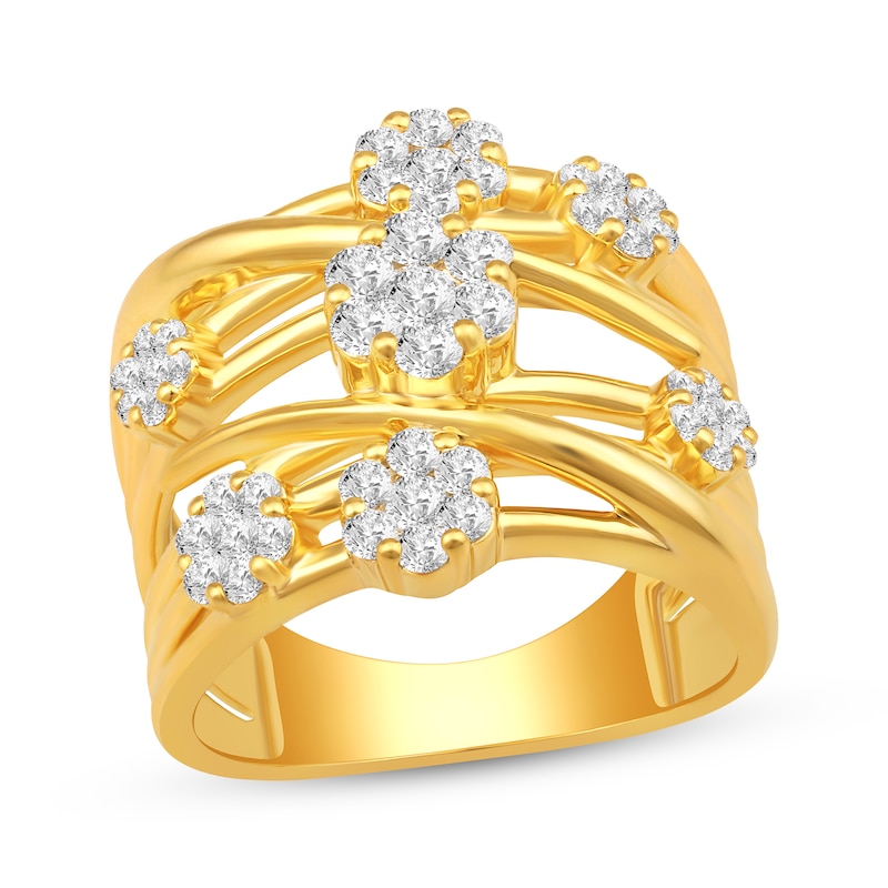 Diamond Flower Cluster Crossover Ring 1 ct tw 10K Yellow Gold