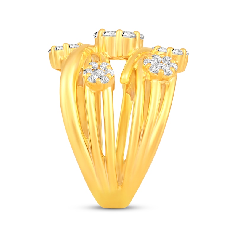 Diamond Flower Cluster Crossover Ring 1 ct tw 10K Yellow Gold