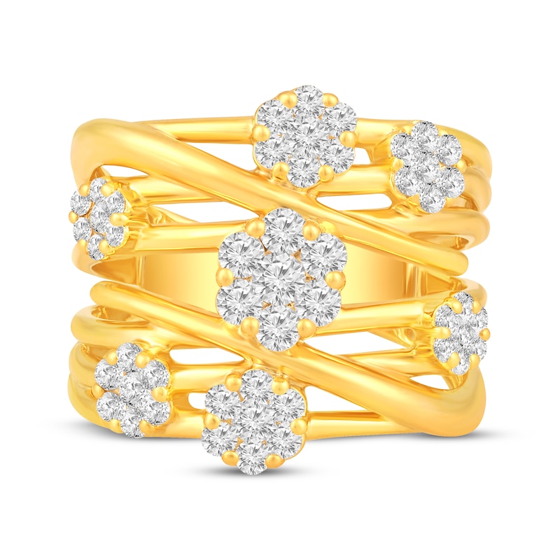 Diamond Flower Cluster Crossover Ring 1 ct tw 10K Yellow Gold