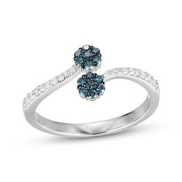 Blue & White Multi-Diamond Flower Bypass Ring 1/4 Sterling Silver